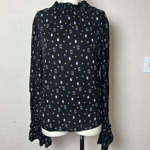 Kobi Halperin Silk printed black smocked mock neck relaxed blouse size S